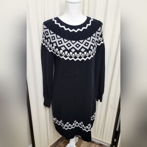 LOFT Black and White Fair Isle Long Sleeve Sweater Dress | Size Medium